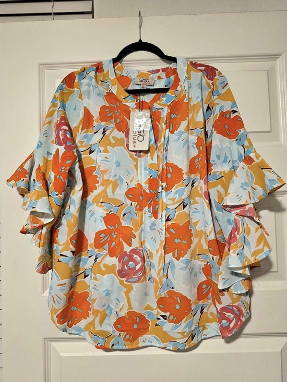 GGio plus Floral Ruffle Sleeve Blouse in Blue & Orange Size XL NWT